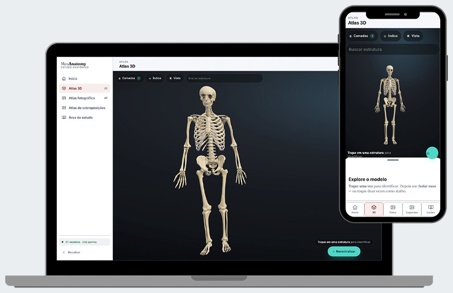 Notebook e celular lado a lado mostrando o Atlas 3D do MeuAnatomy.